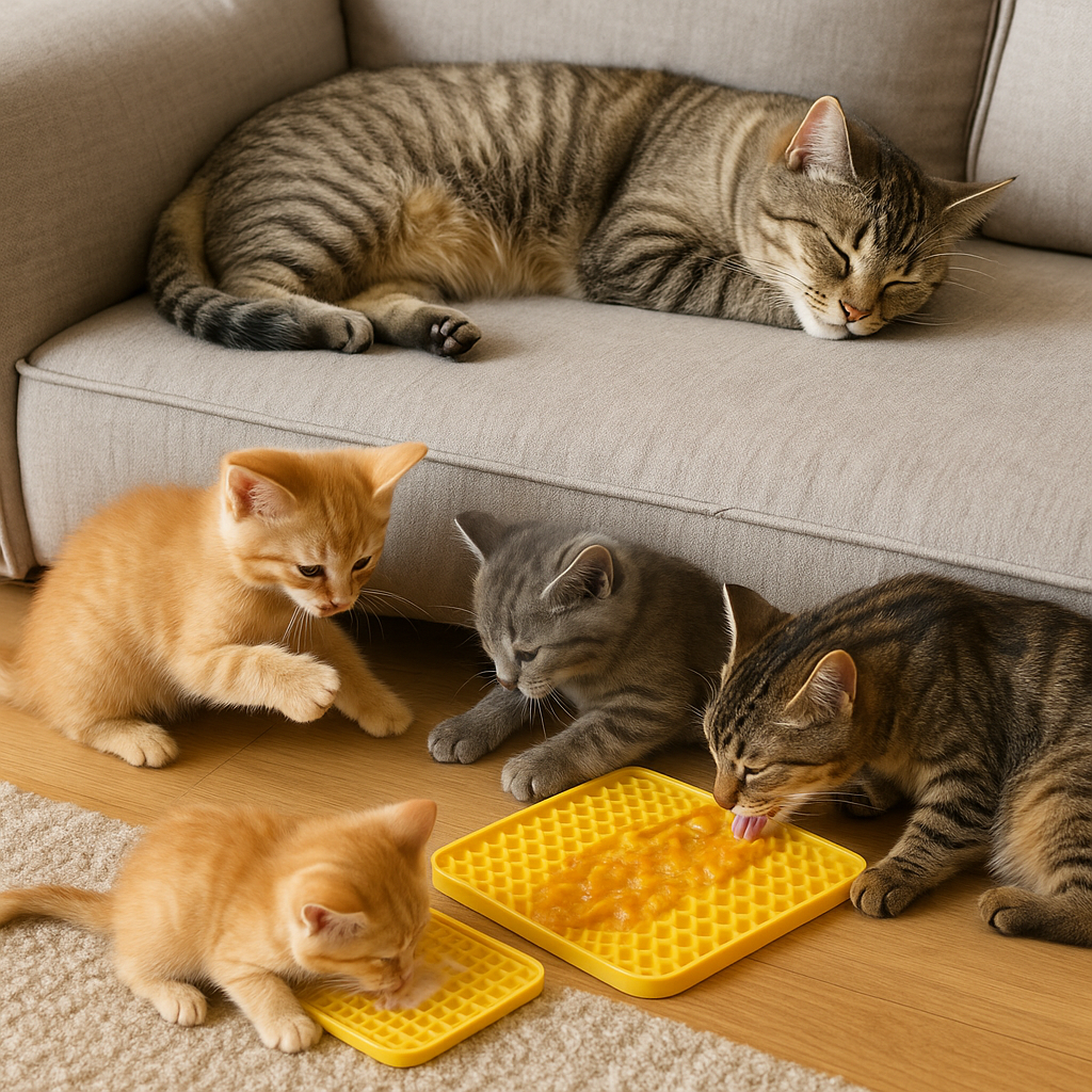 gatos disfrutando comiendo y descansando