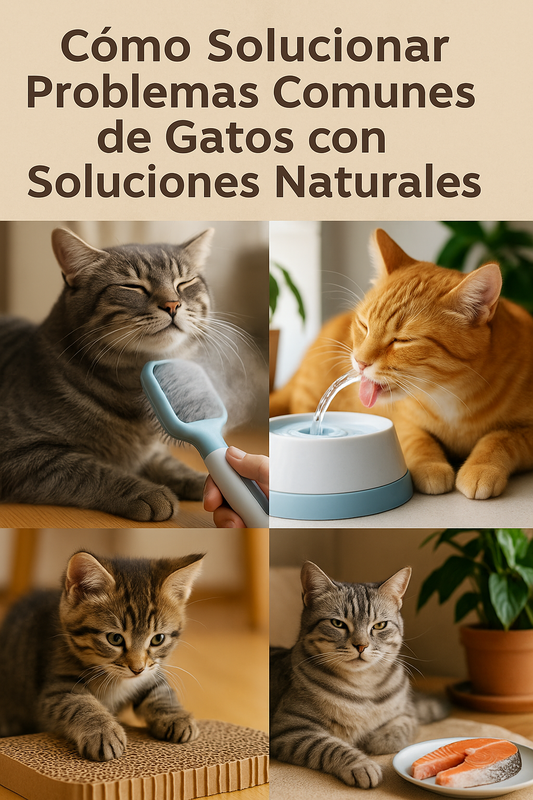 Collage de soluciones naturales para gatos: cepillo de vapor para eliminar pelo, fuente de agua para hidratación, tapete de lamer antiestrés y gato comiendo salmón.